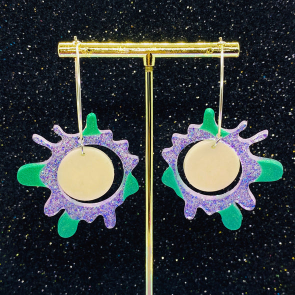 Splatter Hoop Green Purple Glitter Earrings